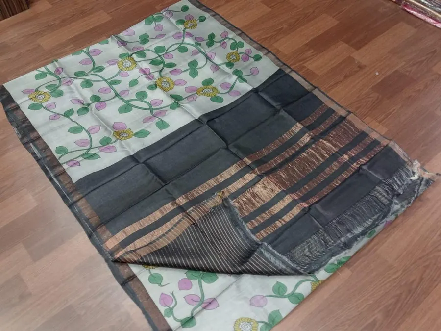 Pure Handloom Tussar Silk Hand Painted Pen Kalmakari Saree